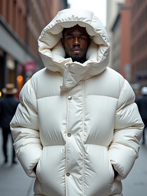 model in a super big round white puffer closed coat with an exaggerated, voluminous design with oversized hood and thick, many quilted sections that contribute to its inflated appearance. the coat is closed and inflated. outside in New York City street.