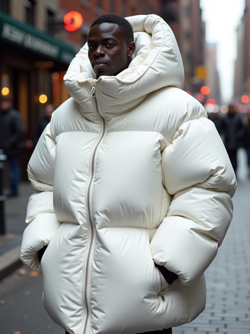 model in a super big round white puffer closed coat with an exaggerated, voluminous design with oversized hood and thick, many quilted sections that contribute to its inflated appearance. the coat is closed and inflated. outside in New York City street.