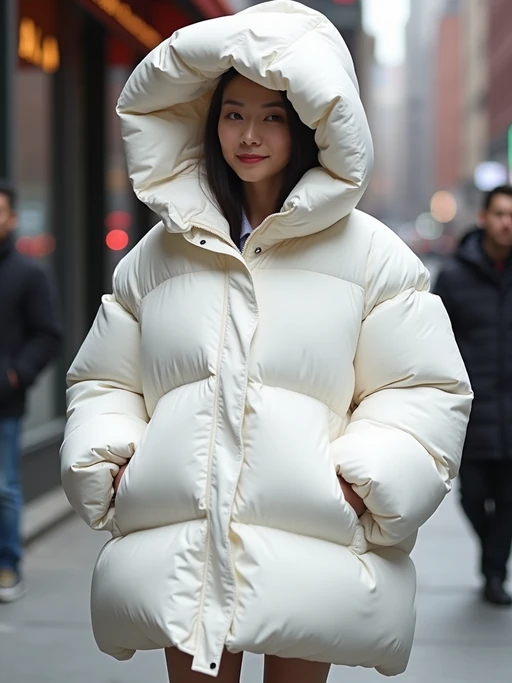 model in a super big round white puffer closed coat with an exaggerated, voluminous design with oversized hood and thick, many quilted sections that contribute to its inflated appearance. the coat is closed and inflated. outside in New York City street.