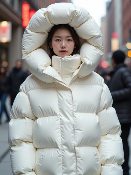 model in a super big round white puffer closed coat with an exaggerated, voluminous design with oversized hood and thick, many quilted sections that contribute to its inflated appearance. the coat is closed and inflated. outside in New York City street.