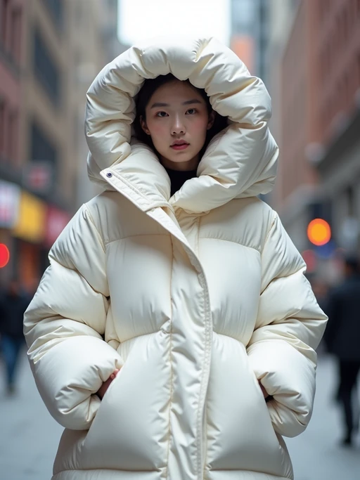 model in a super big round white puffer closed coat with an exaggerated, voluminous design with oversized hood and thick, many quilted sections that contribute to its inflated appearance. the coat is closed and inflated. outside in New York City street.