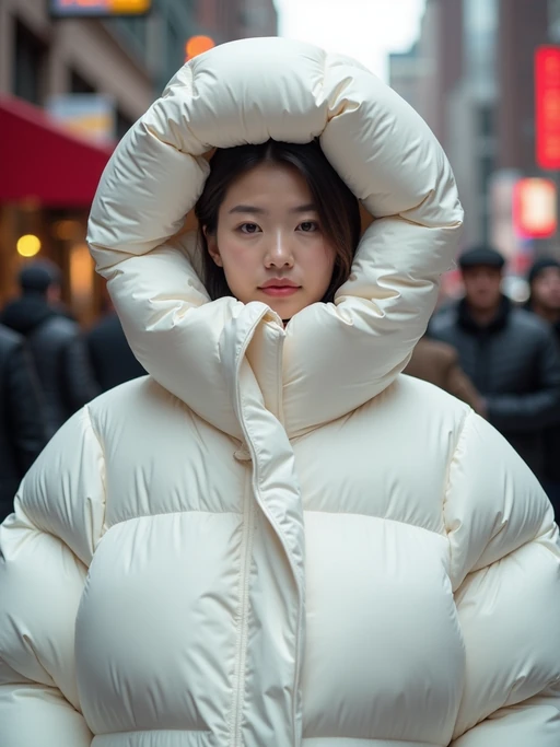 model in a super big round white puffer closed coat with an exaggerated, voluminous design with oversized hood and thick, many quilted sections that contribute to its inflated appearance. the coat is closed and inflated. outside in New York City street.