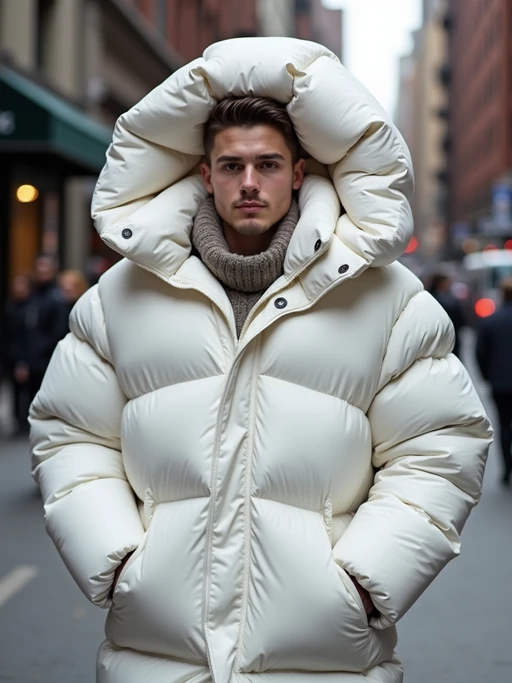 model in a super big round white puffer closed coat with an exaggerated, voluminous design with oversized hood and thick, many quilted sections that contribute to its inflated appearance. the coat is closed and inflated. outside in New York City street.