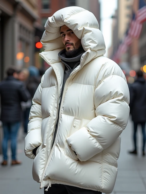 model in a super big round white puffer closed coat with an exaggerated, voluminous design with oversized hood and thick, many quilted sections that contribute to its inflated appearance. the coat is closed and inflated. outside in New York City street.
