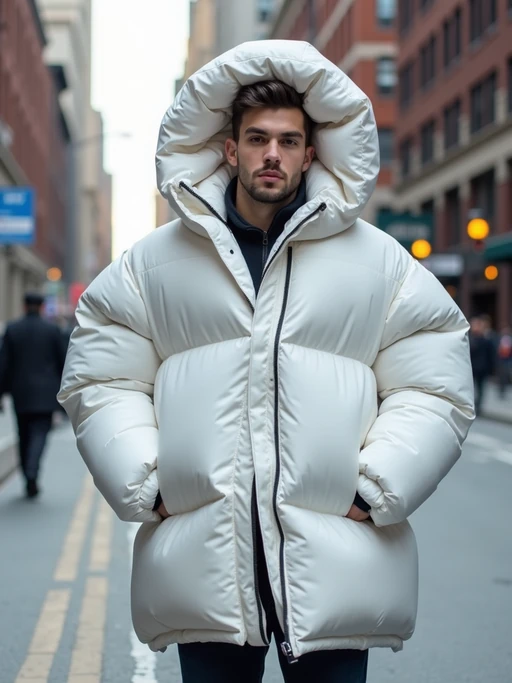 model in a super big round white puffer closed coat with an exaggerated, voluminous design with oversized hood and thick, many quilted sections that contribute to its inflated appearance. the coat is closed and inflated. outside in New York City street.
