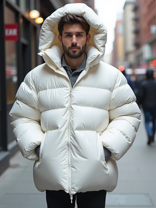 model in a super big round white puffer closed coat with an exaggerated, voluminous design with oversized hood and thick, many quilted sections that contribute to its inflated appearance. the coat is closed and inflated. outside in New York City street.