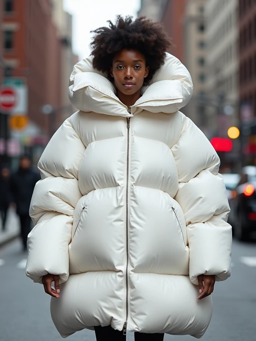 model in a super big round white puffer closed coat with an exaggerated, voluminous design with oversized hood and thick, many quilted sections that contribute to its inflated appearance. the coat is closed and inflated. outside in New York City street.