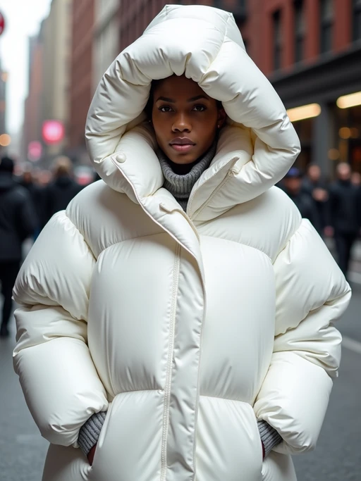 model in a super big round white puffer closed coat with an exaggerated, voluminous design with oversized hood and thick, many quilted sections that contribute to its inflated appearance. the coat is closed and inflated. outside in New York City street.