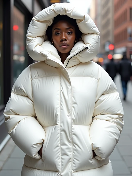 model in a super big round white puffer closed coat with an exaggerated, voluminous design with oversized hood and thick, many quilted sections that contribute to its inflated appearance. the coat is closed and inflated. outside in New York City street.