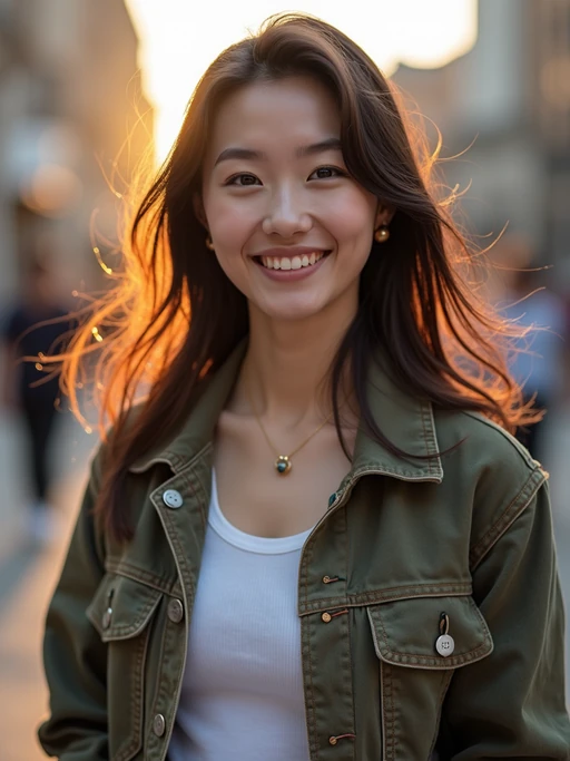 headshot of smiling model wearing casual clothes posing for dating app headshot. outdoor blurry background. the lighting is warm, possibly from a setting sun, creating a soft glow around him, enhancing the casual and relaxed vibe of the image. the setting seems to be outdoors, likely in an urban environment, with the blurred background hinting at a street or park-like area. this image likely portrays a youthful, active, and approachable individual, possibly in a lifestyle or fashion-related context.