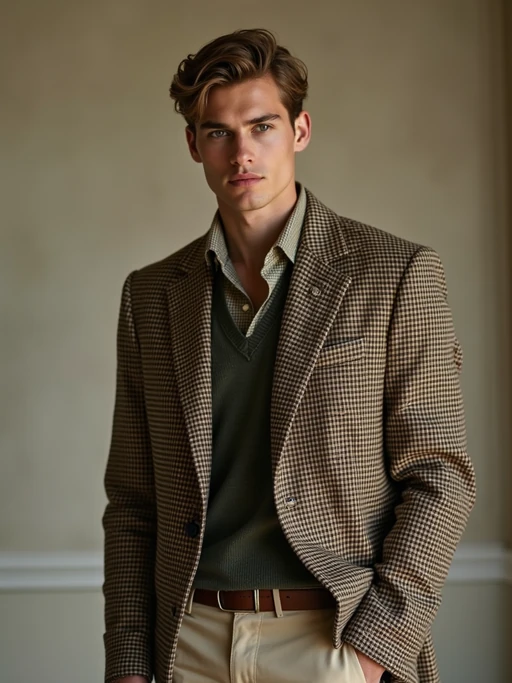 a model in preppy style, old money aesthetic, posh style, elite school stlye, luxurious style, gossip girl neo-prep style, ralph lauren style, country club style, ivy league style 
