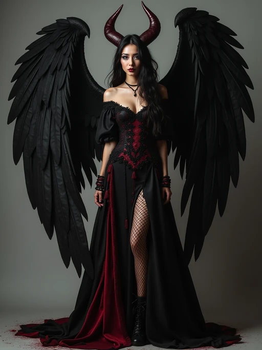 a model dressed as an angel poses for a picture, dark angel, angel knight gothic girl, dark gothic dress, very sexy devil outfit, full body devil woman, gothic model dressed in black and red, megan fox witch queen, raven winged female vampire, villainess has black angel wings, gothic outfit, tall female angel, gothic dress, fallen angel, winged model angel, fishnet stockings