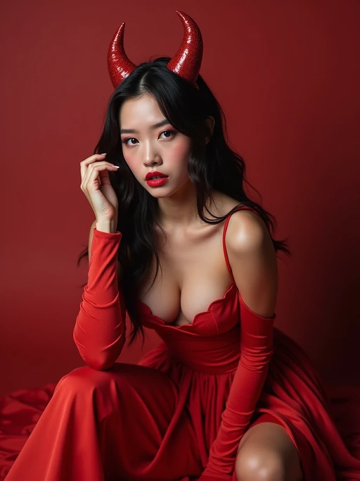 model wearing (naughty halloween) (sexy halloween costume) red devil outfit posing for photo