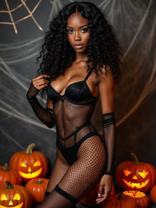 model wearing (naughty halloween) (sexy halloween costume) (fishnet bodystockings) (halloween outfit), spooky outfit posing for photo, background is halloween pumpkins and spiderwebs