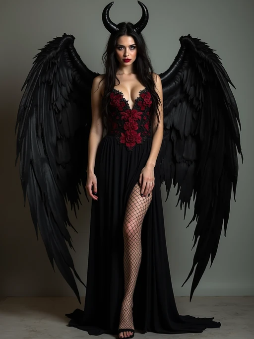 a model dressed as an angel poses for a picture, dark angel, angel knight gothic girl, dark gothic dress, very sexy devil outfit, full body devil woman, gothic model dressed in black and red, megan fox witch queen, raven winged female vampire, villainess has black angel wings, gothic outfit, tall female angel, gothic dress, fallen angel, winged model angel, fishnet stockings