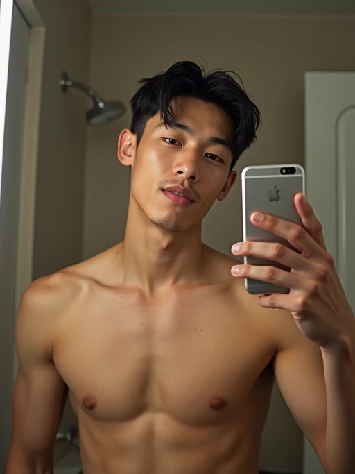 beautiful model taking a selfie in bathroom mirror
