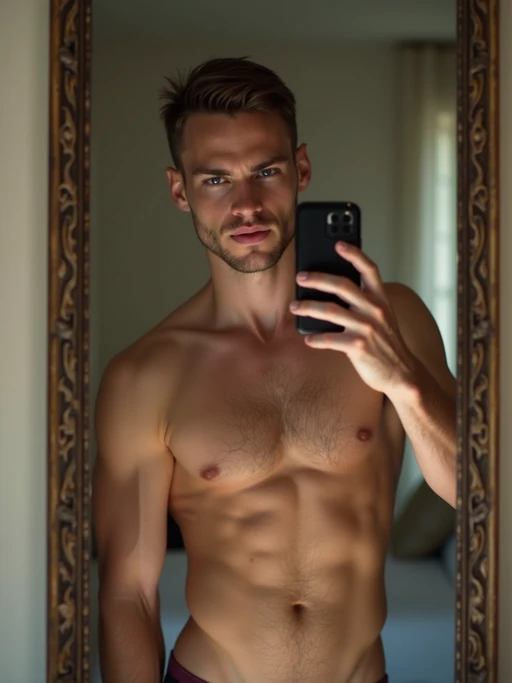 beautiful model taking a selfie in bedroom mirror