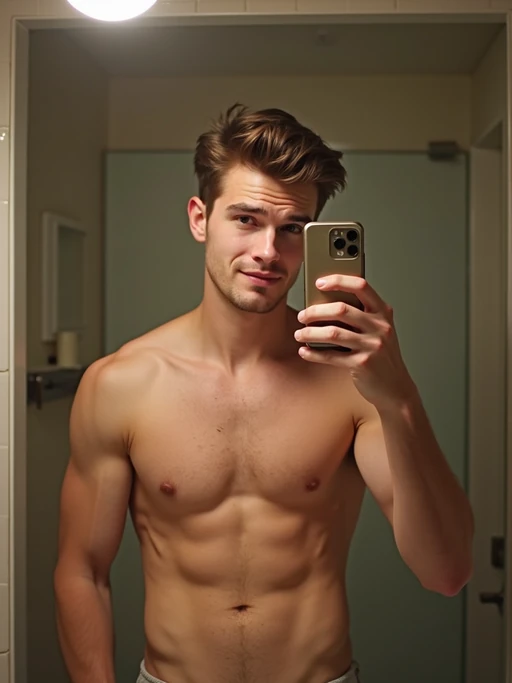 beautiful model taking a selfie in bathroom mirror