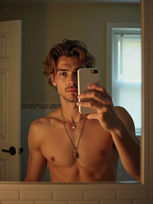 beautiful model taking a selfie in bathroom mirror