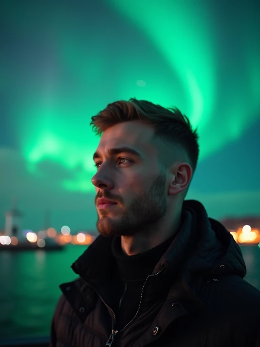 model in Reykjavik with the Northern Lights in the background