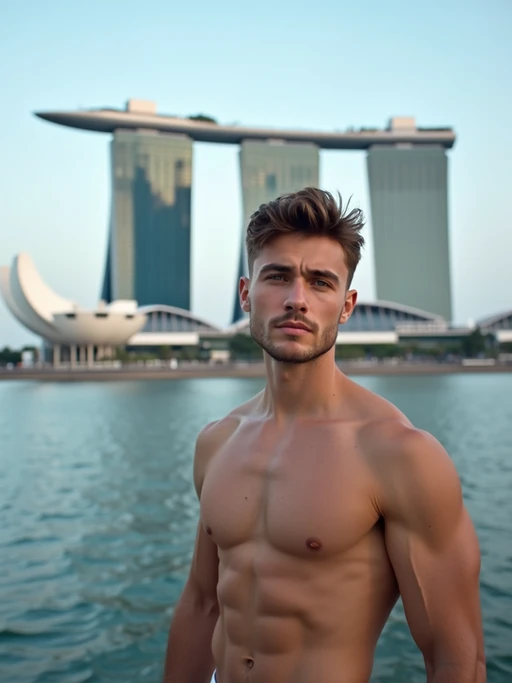 model in Singapore with Marina Bay Sands in background