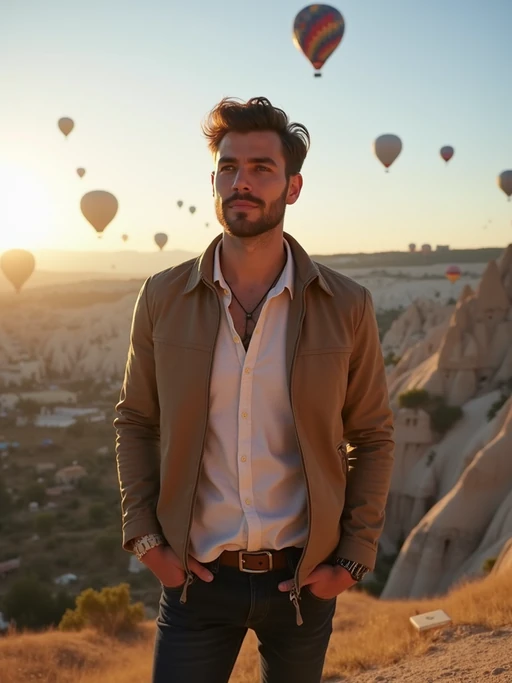 Breathtakingly model with hot air balloons in the background in cappadocia, Türkiye. Cappadocia, Turkey
