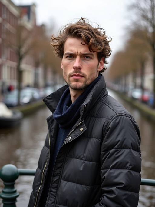 model in Amsterdam with the Amsterdam Canals in background