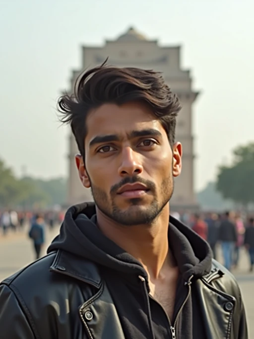 model in Delhi with the India Gate in the background