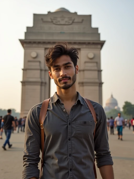 model in Delhi with the India Gate in the background