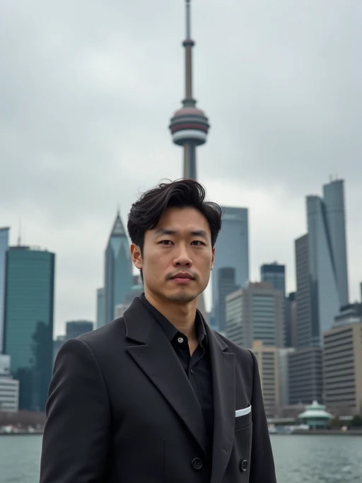 model in Toronto with the CN Tower in the background