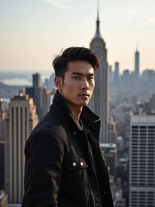 model in New York City with Manhattan in background