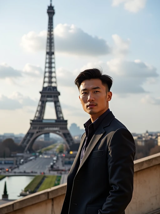 model in Paris with the Eiffel Tower in background