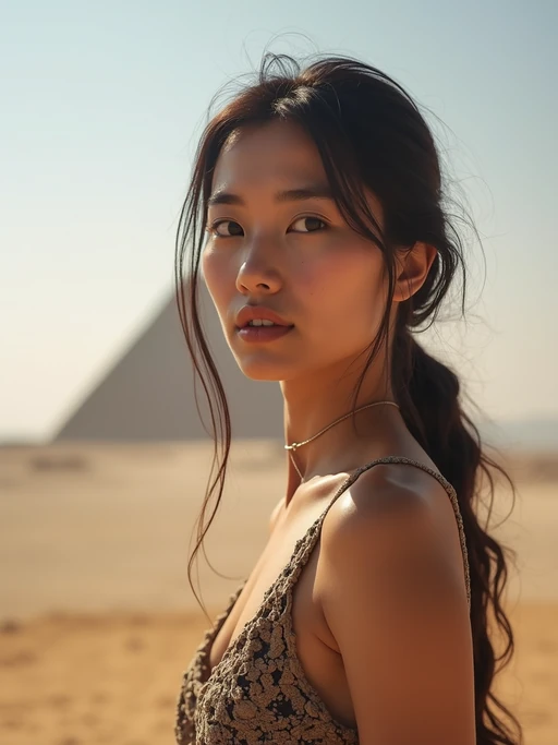 model in Cairo with the Pyramids of Giza in the background