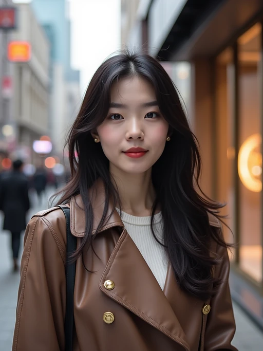 model in Seoul in Gangnam in Cheongdamdong Luxury Shopping street. stores visible in background