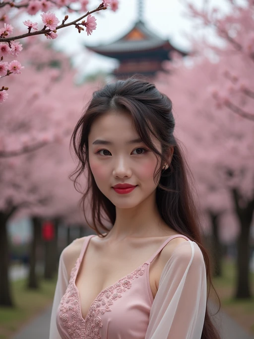model in Japan with Japanese Cherry Blossom Trees and Japanese temples in background