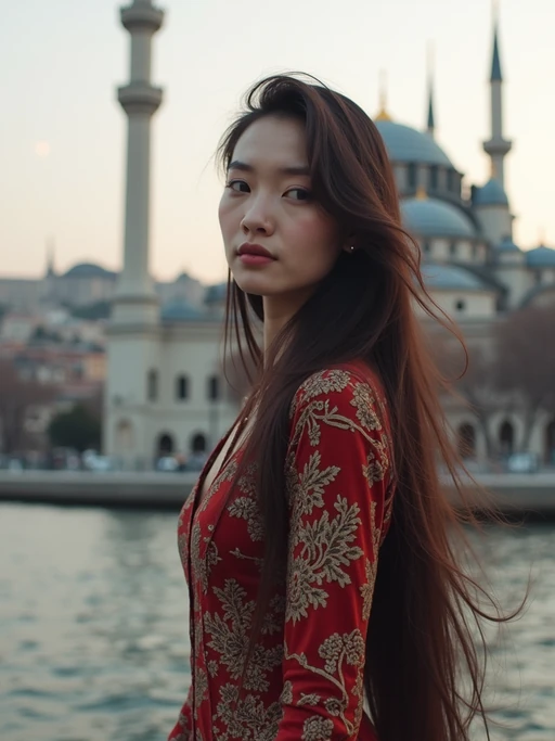 model in Istanbul with The Mosque in background