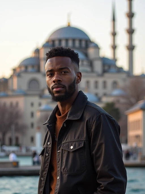 model in Istanbul with The Mosque in background
