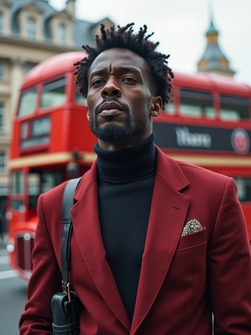 model in London with Double Decker Bus in background