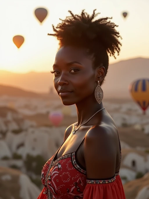 Breathtakingly model with hot air balloons in the background in cappadocia, Türkiye. Cappadocia, Turkey