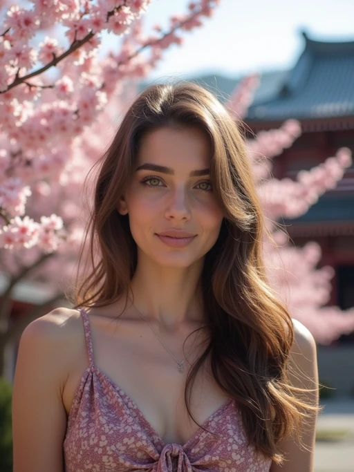 model in Japan with Japanese Cherry Blossom Trees and Japanese temples in background