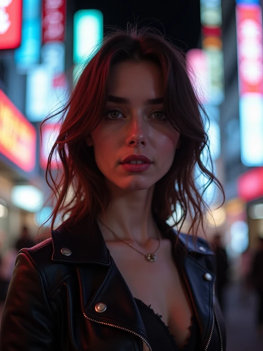 model in Tokyo at night with neon lights