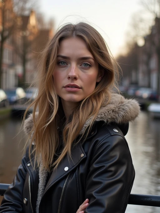 model in Amsterdam with the Amsterdam Canals in background