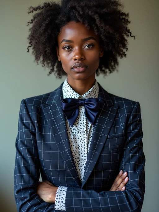 if(gender=m){handsome and stylish} model showcasing a unique windowpane check suit in a navy blue color with a patterned shirt and a contrasting bow tie