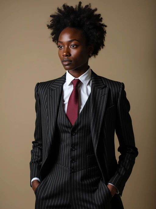 if(gender=m){handsome and stylish} model trying on a sophisticated pinstripe suit with a waistcoat and a burgundy tie