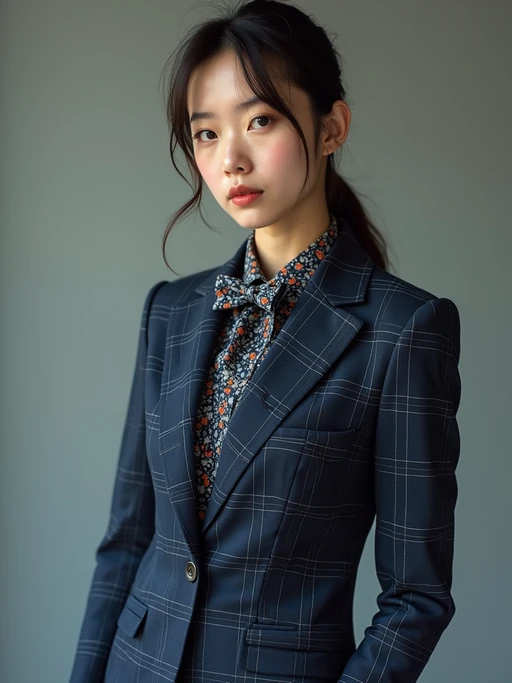 if(gender=m){handsome and stylish} model showcasing a unique windowpane check suit in a navy blue color with a patterned shirt and a contrasting bow tie