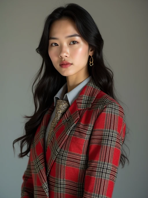 if(gender=m){handsome and stylish} model showcasing a dappersuit in a bold plaid pattern with a solid-colored shirt and a knitted tie