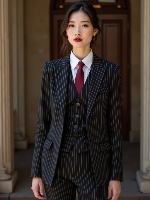 if(gender=m){handsome and stylish} model trying on a sophisticated pinstripe suit with a waistcoat and a burgundy tie