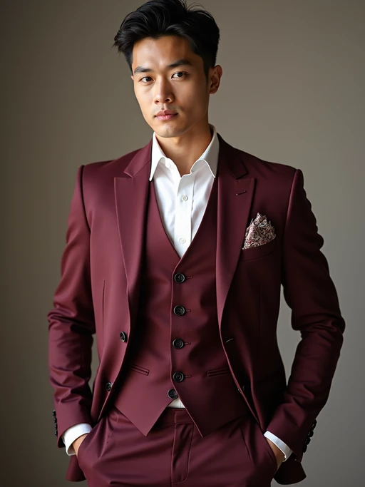 if(gender=m){handsome and stylish} model trying on a stylish three-piece suit in a rich burgundy color with a crisp white shirt and a paisley patterned pocket square