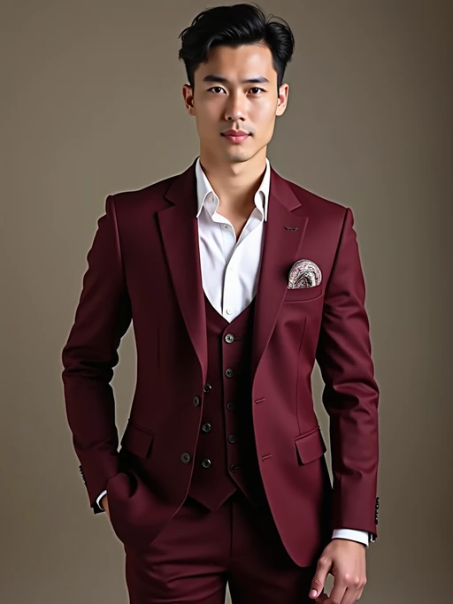 if(gender=m){handsome and stylish} model trying on a stylish three-piece suit in a rich burgundy color with a crisp white shirt and a paisley patterned pocket square