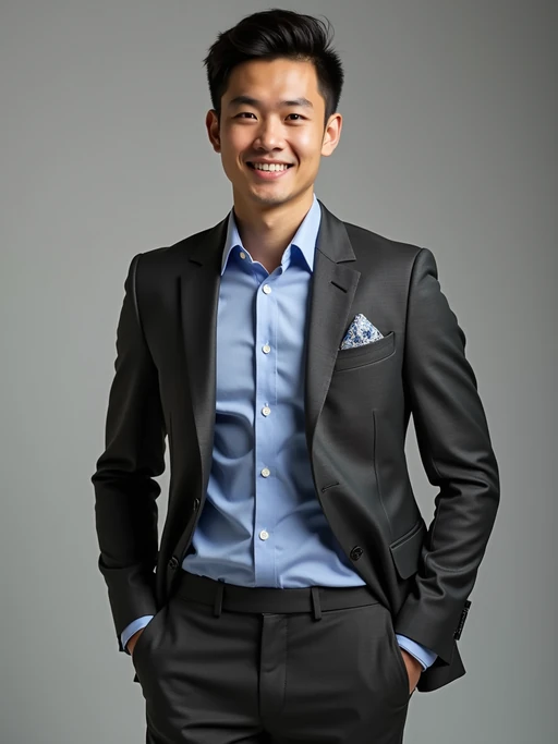 if(gender=m){handsome and stylish} model showcasing a modern slim-fit charcoal with a light blue dress shirt and a contrasting pocket square